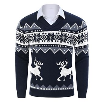 Mens Ugly Christmas Sweaters Snowflakes Reindeer Printed Shawl Collar Knitted Long Sleeve Pullover