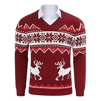 Mens Ugly Christmas Sweaters Snowflakes Reindeer Printed Shawl Collar Knitted Long Sleeve Pullover