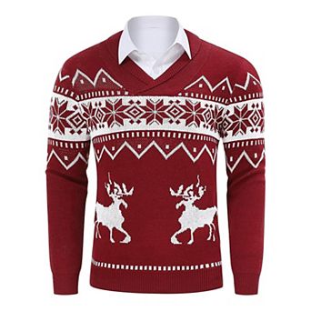 Mens Ugly Christmas Sweaters Snowflakes Reindeer Printed Shawl Collar Knitted Long Sleeve Pullover