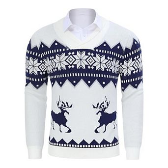Mens Ugly Christmas Sweaters Snowflakes Reindeer Printed Shawl Collar Knitted Long Sleeve Pullover