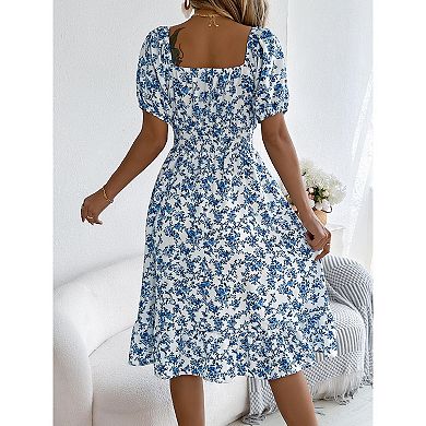 Women's Summer Floral Dresses Ruffle Short Sleeve Square Neck Flowy A Line Midi Dress