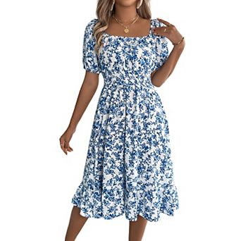 Women's Summer Floral Dresses Ruffle Short Sleeve Square Neck Flowy A Line Midi Dress