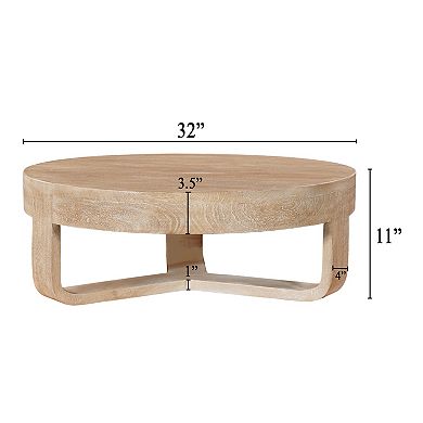 Milan Coffee Table, 32 Inch Round Top, Mango Wood with Sandblasted Natural Brown, Open Sled Base