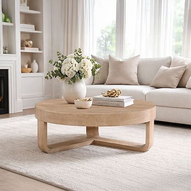 Milan Coffee Table, 32 Inch Round Top, Mango Wood with Sandblasted Natural Brown, Open Sled Base