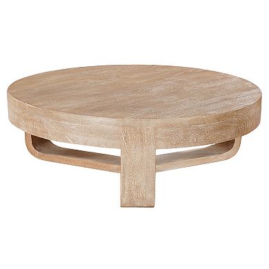 Milan Coffee Table, 32 Inch Round Top, Mango Wood with Sandblasted Natural Brown, Open Sled Base