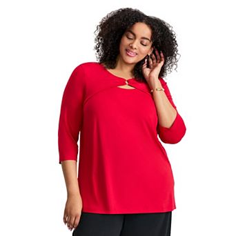 Avenue Women's Plus Size Knot Front Keyhole Top