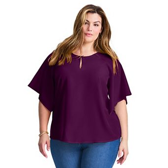 Avenue Women's Plus Size Flutter Sleeve Keyhole Blouse
