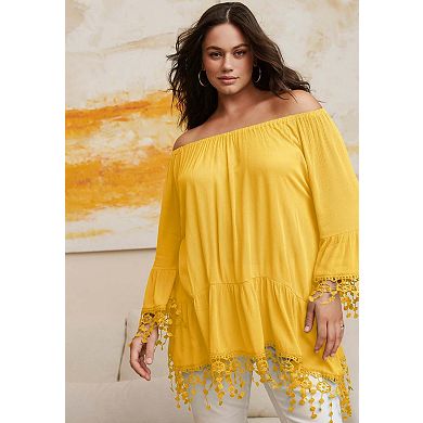 Avenue Women's Plus Size Crochet Fringe Trim Tunic