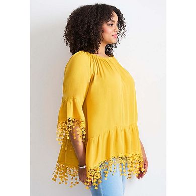 Avenue Women's Plus Size Crochet Fringe Trim Tunic