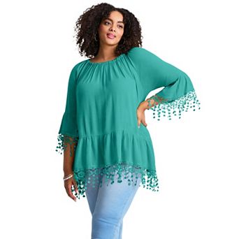 Avenue Women's Plus Size Crochet Fringe Trim Tunic