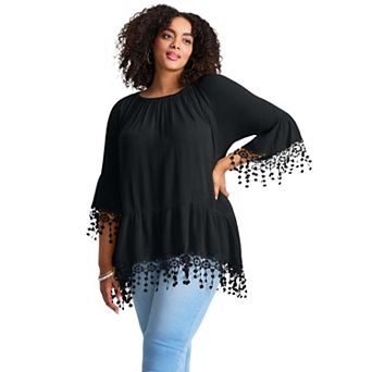 Avenue Women's Plus Size Crochet Fringe Trim Tunic