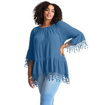 Avenue Women's Plus Size Crochet Fringe Trim Tunic