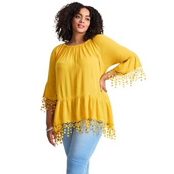 Avenue Women's Plus Size Crochet Fringe Trim Tunic