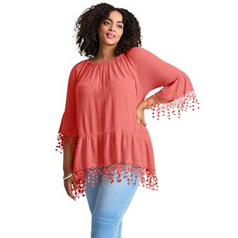 Avenue Women's Plus Size Crochet Fringe Trim Tunic