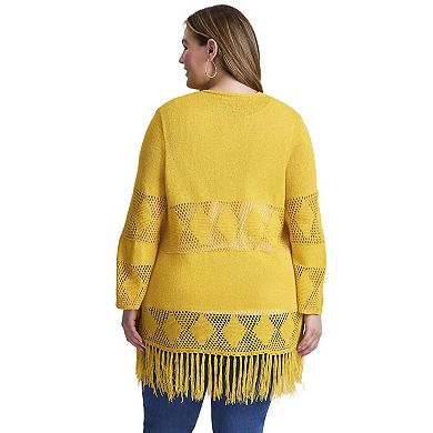 Avenue Women's Plus Size Pointelle Fringe Cardigan