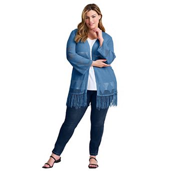 Avenue Women's Plus Size Pointelle Fringe Cardigan