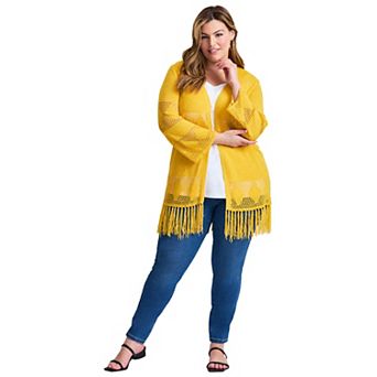 Avenue Women's Plus Size Pointelle Fringe Cardigan