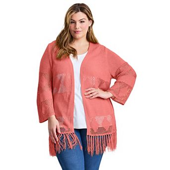 Avenue Women's Plus Size Pointelle Fringe Cardigan