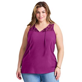 Avenue Women's Plus Size Lace Yoke Detail Tank