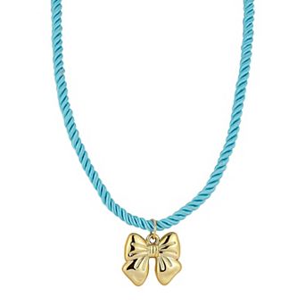 WINX Gold Tone Bow Pendant Necklace with Blue Rope Chain
