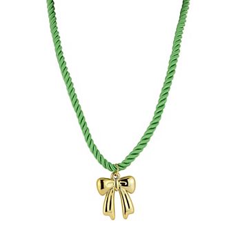 WINX Gold Tone Bow Pendant Necklace with Green Rope Chain