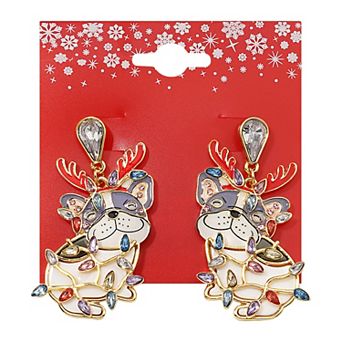 Gold Tone Frenchie Lights Gemstone Dangle Earrings