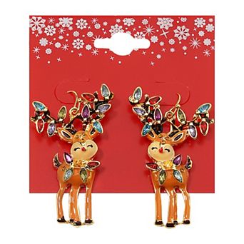 Gold Tone Reindeer & Simulated Stone Dangle Earrings