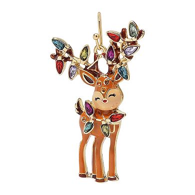 Gold Tone Reindeer & Gemstone Dangle Earrings