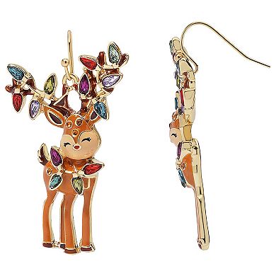 Gold Tone Reindeer & Gemstone Dangle Earrings
