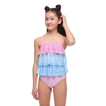 Girls 4-16 Breaking Waves Triple Tier Crochet Tankini Swim Top & Scoop Swim Bottoms Set in Regular & Plus
