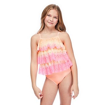 Girls 4-16 Breaking Waves Triple Tier Crochet Tankini Swim Top & Scoop Swim Bottoms Set in Regular & Plus