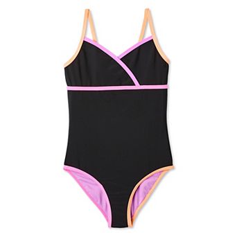 Girls 7-16 Breaking Waves Pop Binding Overlapping Neckline One-Piece Swimsuit in Regular & Plus Size