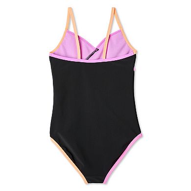 Girls 7-16 Breaking Waves Pop Binding Overlapping Neckline One-Piece Swimsuit in Regular & Plus Size