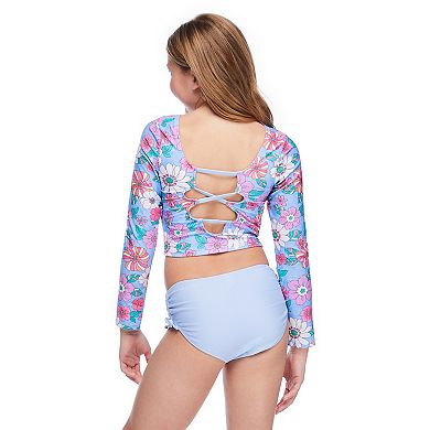 Girls 4-16 Breaking Waves Long Sleeve Rashguard & Bow Detail Swim Bottoms Set