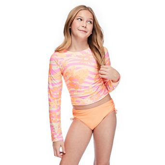 Girls 4-16 Breaking Waves Long Sleeve Rashguard & Bow Detail Swim Bottoms Set
