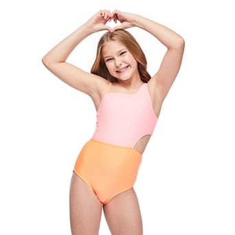 Girls 4-16 Breaking Waves One Shoulder Side Cut Out Colorblock One-Piece Swimsuit
