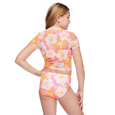 Girls 7-16 Breaking Waves 3-pc. Scoop Bikini Top, Swim Bottoms & Mesh Cropped Cinch Front Swim Top Set