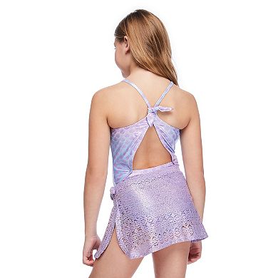 Girls 4-12 Breaking Waves Mermaid Foil One Piece Crochet Tie Side Swim Skirt Set
