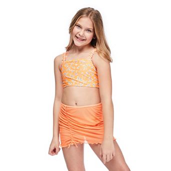Girls 4-16 Breaking Waves Bandeau Swim Top & Mesh Cinch Tie Swim Skirt Set