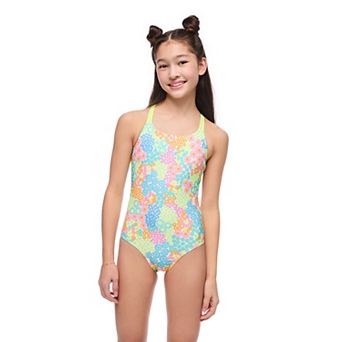 Girls 4-16 Breaking Waves Scoop Back Bungee Detail One-Piece Swimsuit