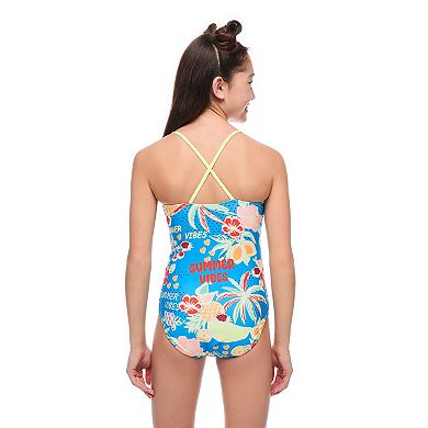 Girls 4-16 Breaking Waves Cut Out One-Piece Swimsuit with Cross Back Straps