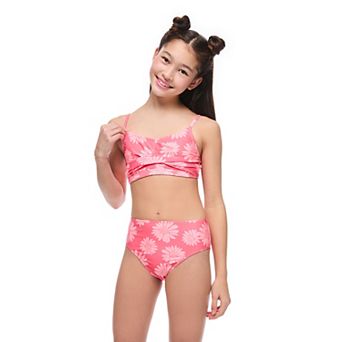 Girls 7-16 Breaking Waves 2 pc Cross Front Bikini Top & High Waisted Bottom Set