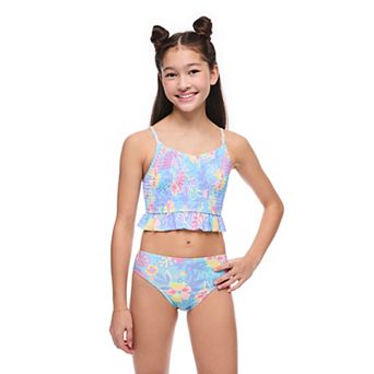 Girls 7-16 Breaking Waves 2 pc Smocked Front Midkini & Scoop Bottoms Swim Set