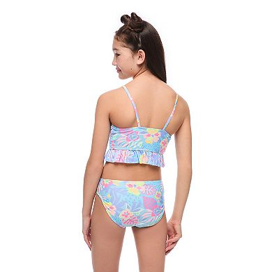 Girls 7-16 Breaking Waves 2-Piece Smocked Front Midkini & Scoop Bottoms Swim Set