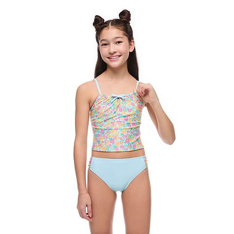 Girls 4-16 Breaking Waves 2 pc Gathered Neckline Midkini & Scoop Bottom Swim Set
