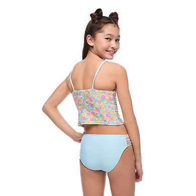 Girls 4-16 Breaking Waves 2-Piece Gathered Neckline Midkini & Scoop Bottom Swim Set