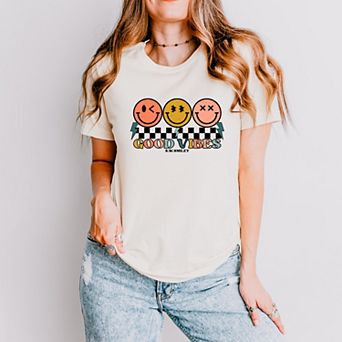 S.W.Smiley Checkered Good Vibes Smiley Face - Women's Short Sleeve Graphic T-Shirt
