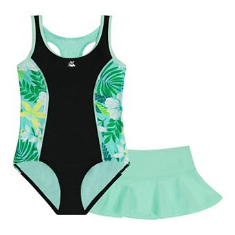 Girls 4-20 1/2 ZeroXposur Printed Side One-Piece Swimsuit & Cover-Up Skirt Set in Regular & Plus Size