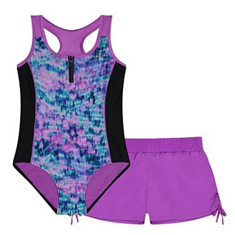 Girls 4-20 1/2 ZeroXposur Zip Front One-Piece Swimsuit & Cover Up Shorts Set in Regular & Plus Size