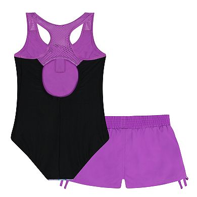 Girls 4-20 1/2 ZeroXposur Zip Front One-Piece Swimsuit & Cover Up Shorts Set in Regular & Plus Size